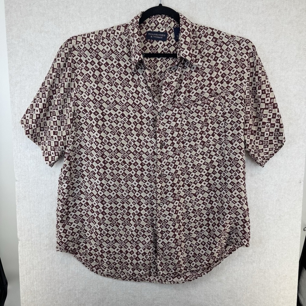 Vtg 100% Silk Men's L Roundtree & Yorke Fall Pattern Button Up Short Sleeve